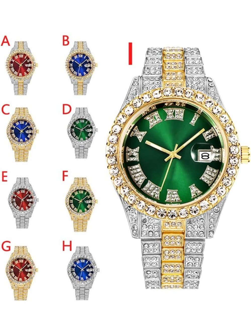 Unisex Red Face Crystal Diamond Quartz Analog Fashion Roman Big Hip Hop Watch - Picture 5 of 5